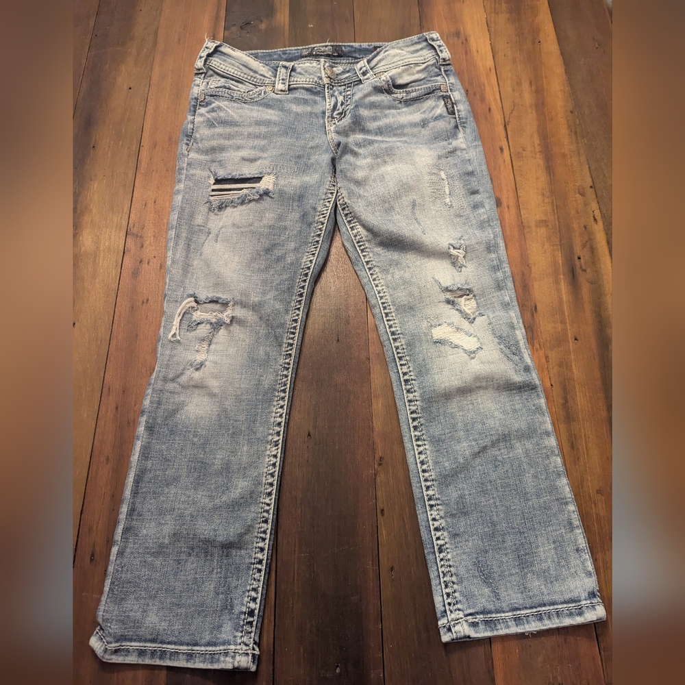 Silver‎ Jeans Suki Mid Capri Light Wash 27x22.5 Distressed Women's Super Stretch